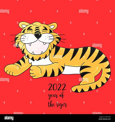 Symbol Of 2022 Illustration With Tiger In Hand Draw Style New Year 2022 Tiger Lying Bright