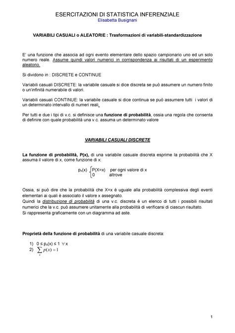 Esercitazione Di Statistica Trasformazioni Di Variabili ESERCITAZIONI