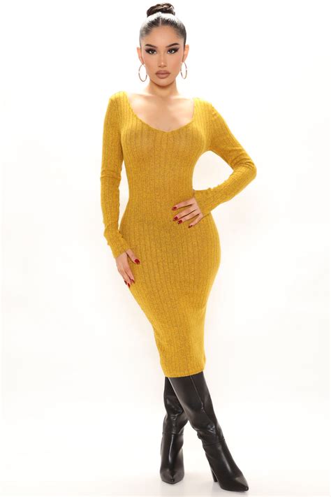 For The Thrill Of It Midi Dress Mustard Fashion Nova Dresses