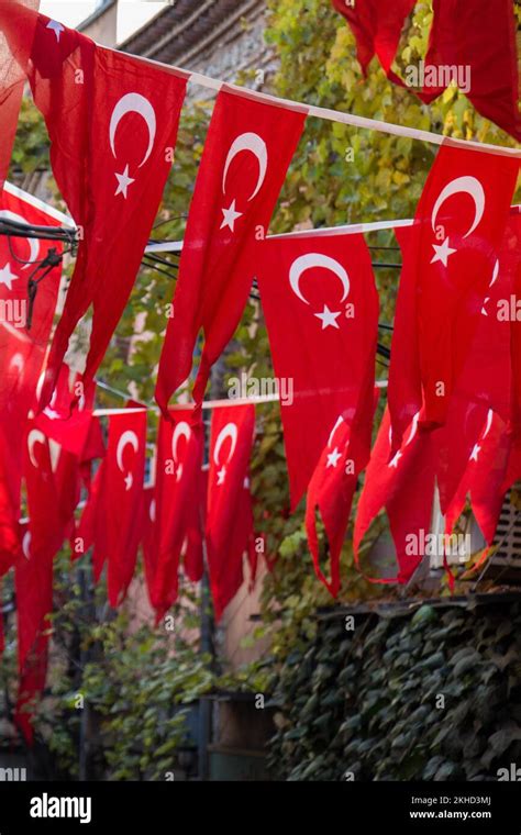 Turkish National Flag Hang On A Pole On A Rope In The Street In Open