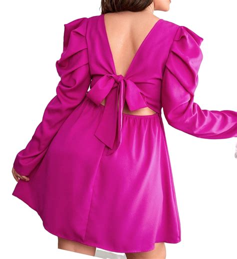 Elegant Solid Round Neck A Line Long Sleeve Hot Pink Plus Size Dresses