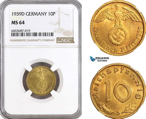 Germany 10 Reichspfennig 1939 D NGC MS64 MA Shops