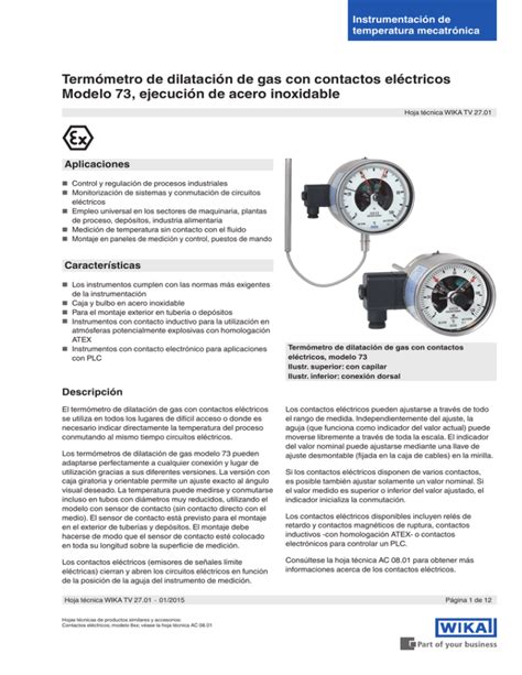 Termómetro de dilatación de gas con contactos eléctricos Modelo