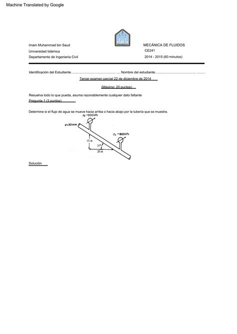 SOLUTION Examen Parcial 3 De Mec Nica De Fluidos Ingenier A Civil