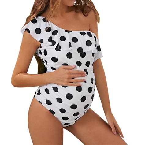 Celivon Maternity High Waist Bikini Swimsuit Piece Bathing Suits One Shoulder Polka Dot Print