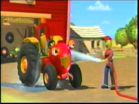 an image of a cartoon character spraying water on a tractor