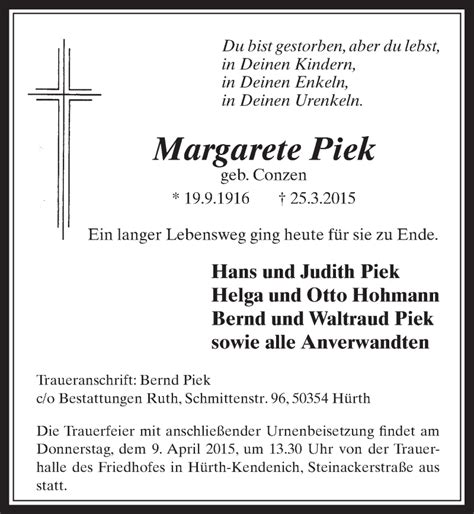 Traueranzeigen Von Margarete Piek WirTrauern