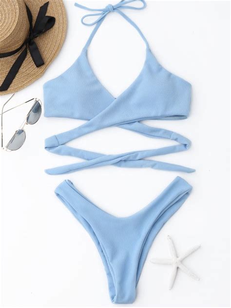 Off Ribbed Halter Wrap Bikini Set In Light Blue Zaful