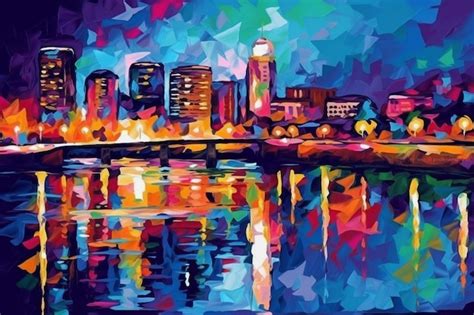 Premium AI Image A Painting Of A City Skyline With The Lights