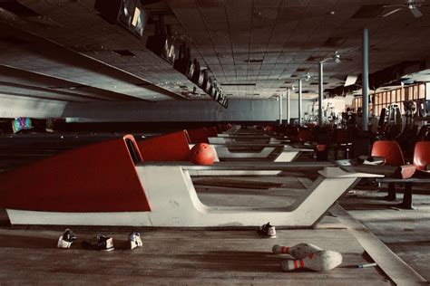 Abandoned Bowling Alley Complete With All The Balls Pins And Shoes