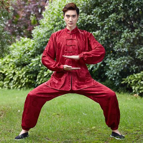 High Quality Red Chinese Men Kung Fu Wu Shu Uniform Satin Tai Chi Suit