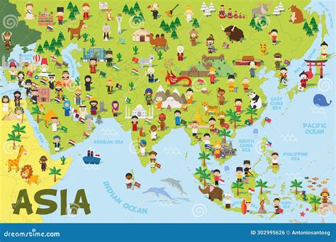 Cartografía Divertida De Asia Con Niños De Diferentes Nacionalidades