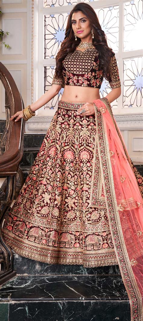 Bridal Festive Wedding Red And Maroon Color Velvet Fabric Lehenga