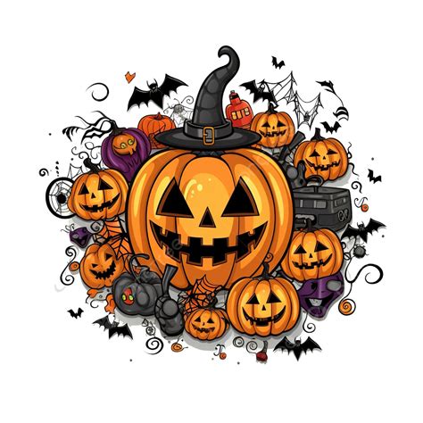 Halloween Pumpkin With Halloween Party Objects Bats Spiders And