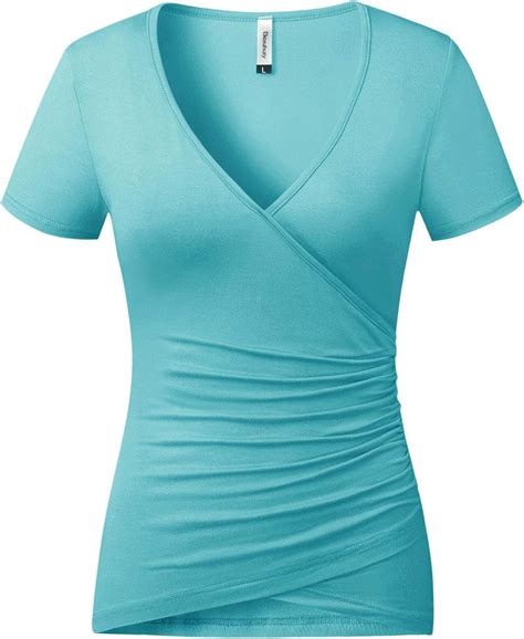 Beauhuty Womens T Shirts Short Sleeve Deep V Neck Slim Fitted Front