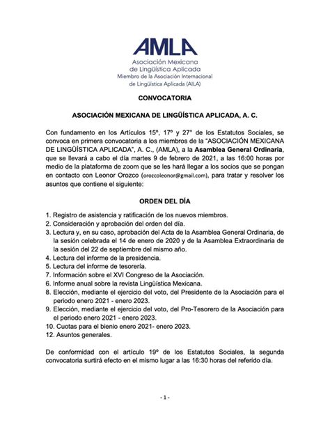 Convocatoria A Asamblea General Ordinaria De La AMLA 9 De Febrero De 2021