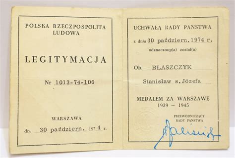 LEGITYMACJA MEDAL ZA WARSZAWĘ 1974 15418175653 Allegro pl