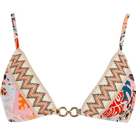 Pink Print Elastic Trim Triangle Bikini Top Moda Praia Ver O Moda