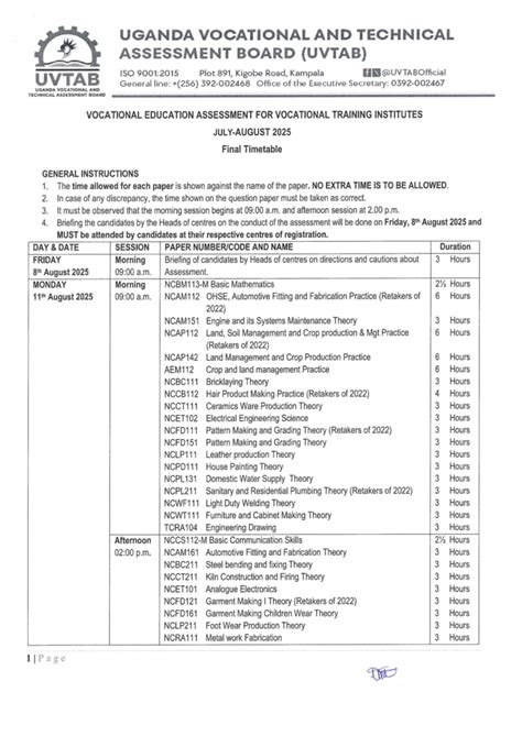 UVTAB 2025 Final Timetable for Vocational Education Assessments - Studocu
