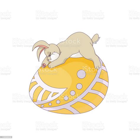 Cute Isolated Easter Bunny Sleeping On Decorated Egg Vector Rabbit And