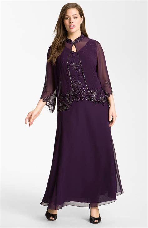 J Kara Sheer Beaded Chiffon Gown Jacket In Purple Plum Wine Shaded