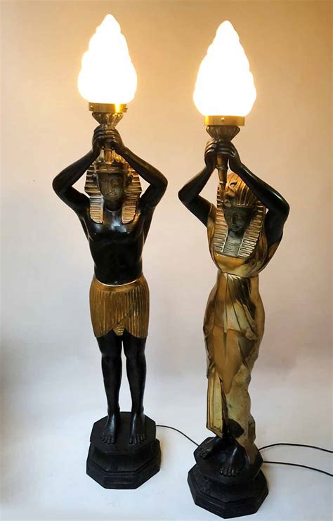 Egyptian Lamps Two Bronze And Gilded Metal Male And Female Ancient