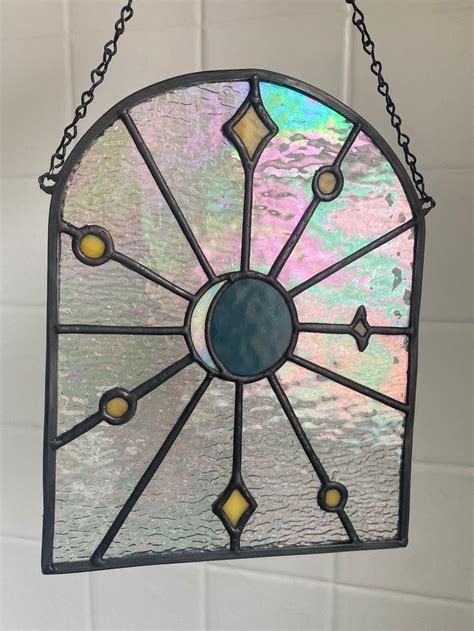 Stained Glass Window Hanging Panel Moon And Stars Night Sky Celestial