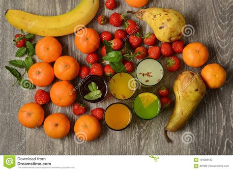 Assorted Fruit Juices With Ingredients Around Stock Photo Image Of