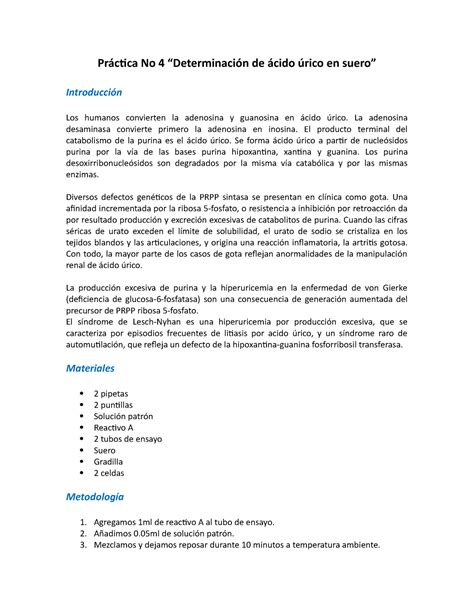 Práctica No 4 Determinación de ácido úrico en suero No 4 de en Los