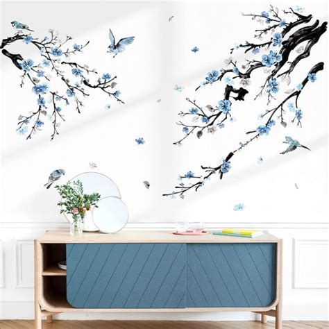 Aquarel Bloem Boom Tak Muurstickers Bloesem Blauw Bloemen Vogels Peel