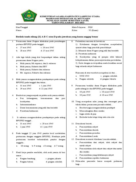 Soal Pkn Kelas 6 Pas 2021 Bu Nihay Pdf