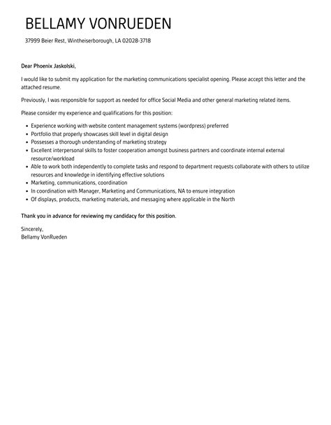 Marketing Communications Specialist Cover Letter Velvet Jobs