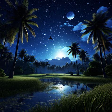 Give me a 3d simulation of Night sky with stars and moon whe... by ...