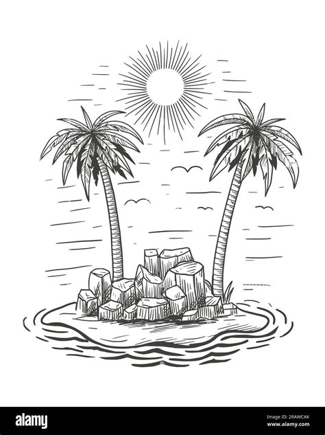 Tropical Island With Palm Trees And Sun Vector Illustration Sketch