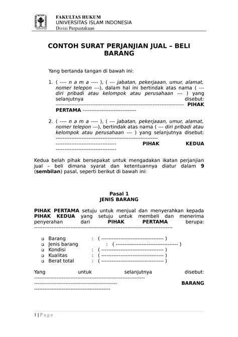 Contoh Surat Perjanjian Jual Beli Barang Evie Merchant