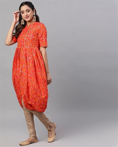 Buy Aks Orange And Gold Bandhani Printed Dhoti Design Kurta For Women Orange Online At Bewakoof