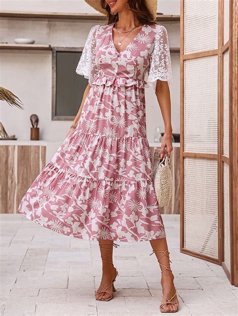 SHEIN VCAY Vestido impressão floral renda de contraste bainha em