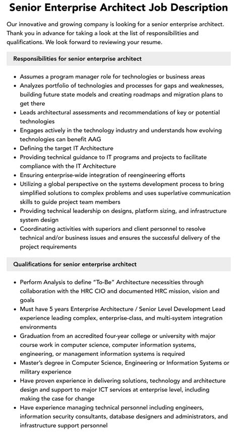 Senior Enterprise Architect Job Description Velvet Jobs