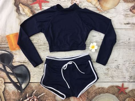 Bikini đi biển mảnh kín đáo Đồ bơi nữ tay dài váy xòe Áo bơi croptop đen trơn có size