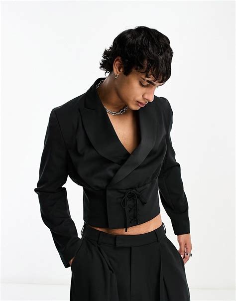 Asos Design Cropped Lace Up Suit Jacket In Black Asos Unique Prom