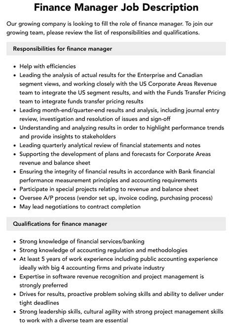 Finance Manager Job Description Velvet Jobs