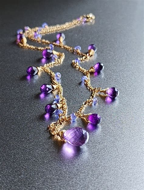 gold amethyst necklace amethyst drop necklace purple gemstone necklace
