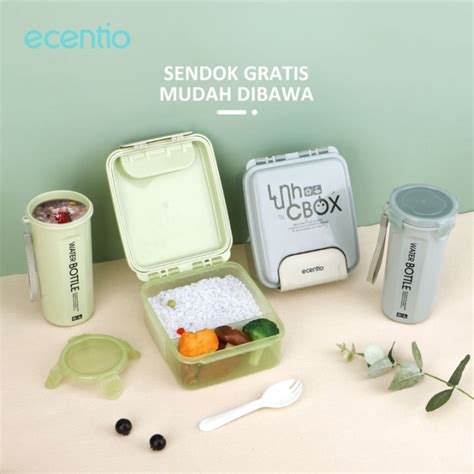 Ecentio Lunch Box Set Kotak Makan Dengan Botol Minum Free Sendok Kotak