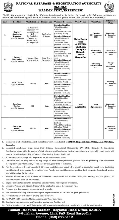 Nadra Regional Head Officer Bhakkar Jobs Interview 2021 2024 Job