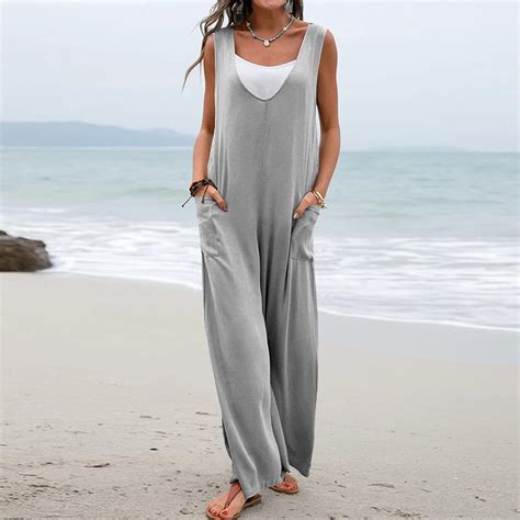 Gaecuw Jumpsuits For Women Summer Dressy Sleeveless Cold Shoulder Overall With Pockets Square