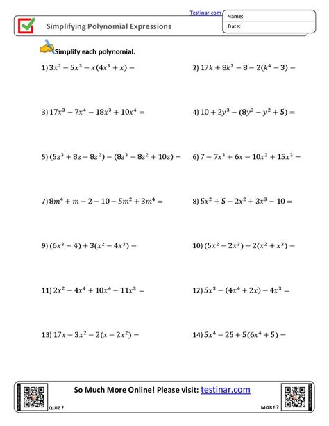 Simplifying Polynomial Expressions worksheets