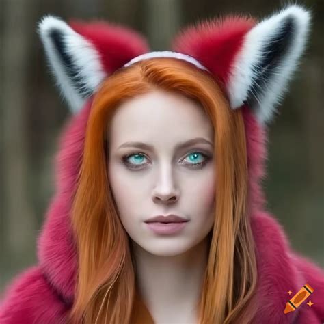 Woman With Green Eyes And Red Hair Wearing Fox Ear Headband And Fur