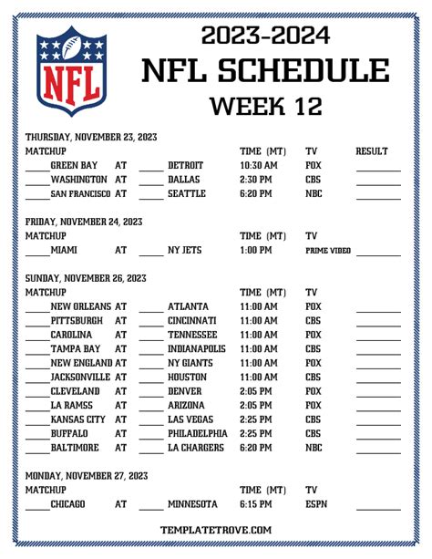 Printable 2023 2024 Nfl Schedule Week 12