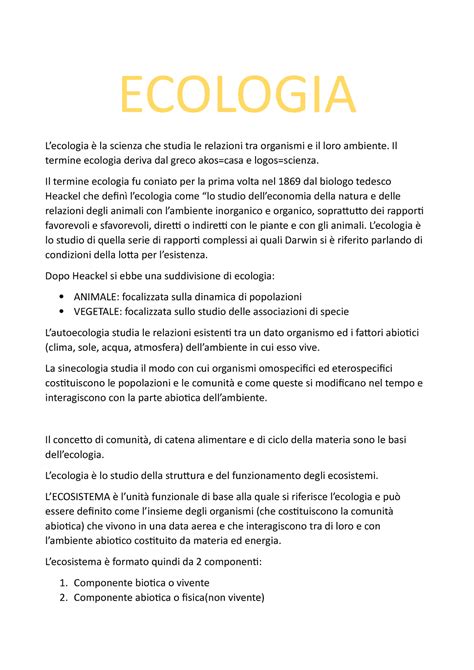 Ecologia riassunti ECOLOGIA Lecologia è la scienza che studia le