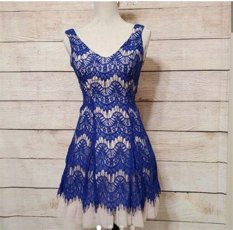 B DARLIN Royal Blue Lace Pale Nude Fit Flare Fun Cl Gem
